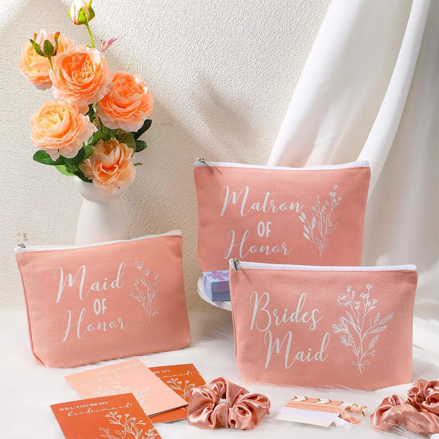 Cunno 48 Pcs Bridesmaid Proposal Gift Set with Cosmetic Bags, Scrunchies, Bracelets and Cards in Rose Pink