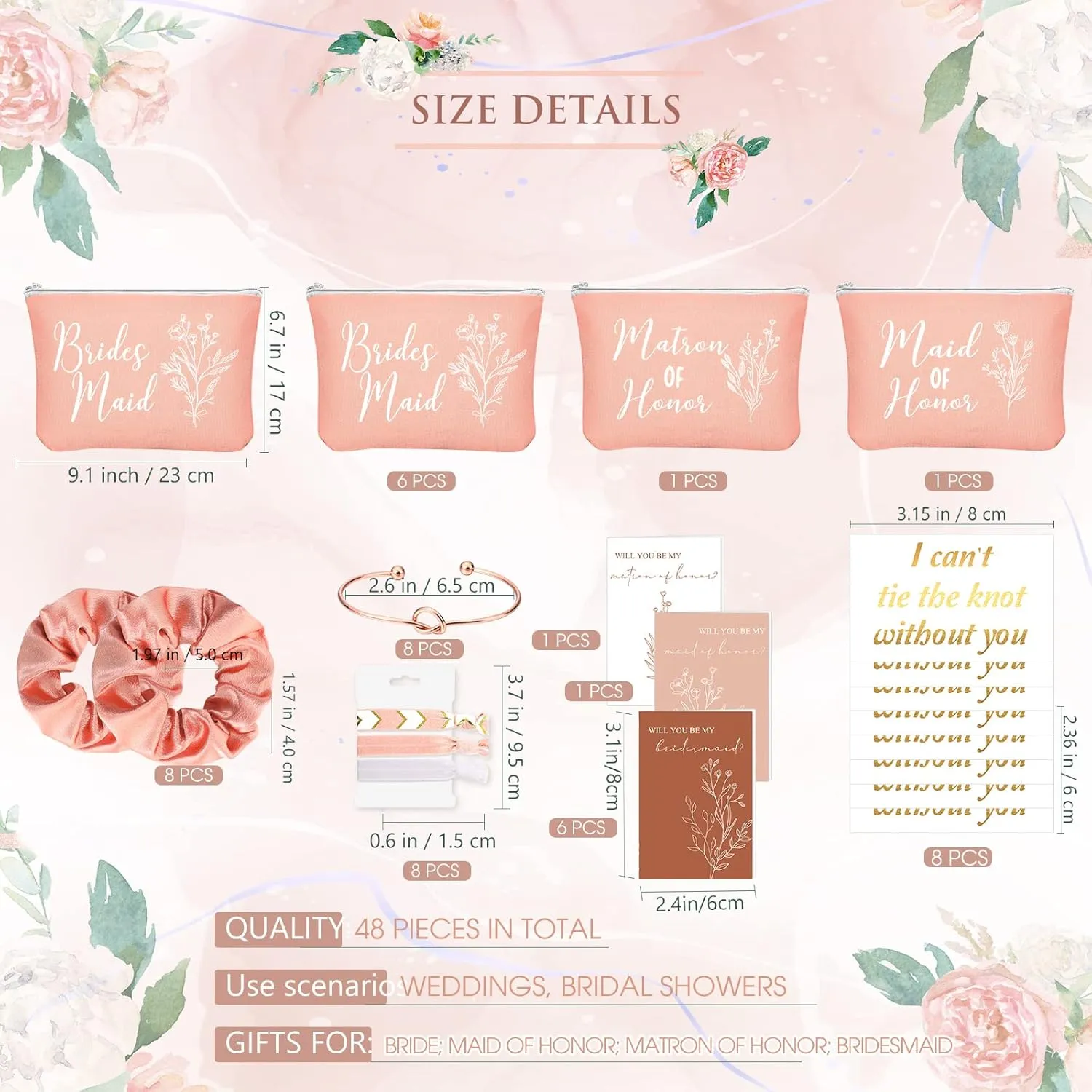 Cunno 48 Pcs Bridesmaid Proposal Gift Set with Cosmetic Bags, Scrunchies, Bracelets and Cards in Rose Pink