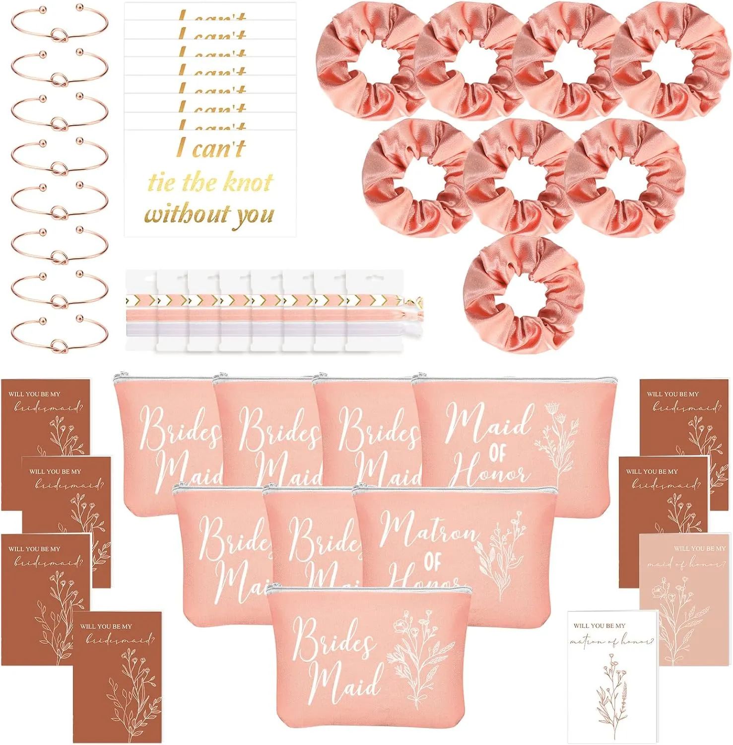 Cunno 48 Pcs Bridesmaid Proposal Gift Set with Cosmetic Bags, Scrunchies, Bracelets and Cards in Rose Pink
