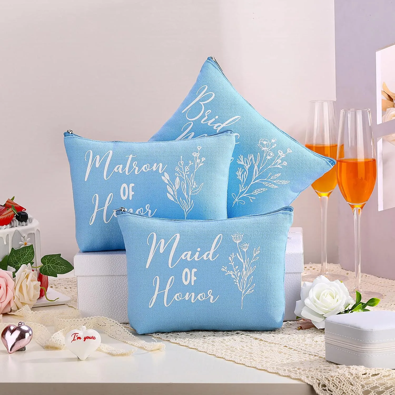 Cunno 48 Pcs Bridesmaid Proposal Gifts Wedding Maid of Honor Matron of Honor Gifts Bridal Shower Cosmetic Makeup Bags Scrunchies Hair Knotted Bracelets Invitation Card for Bridesmaids(Blue)