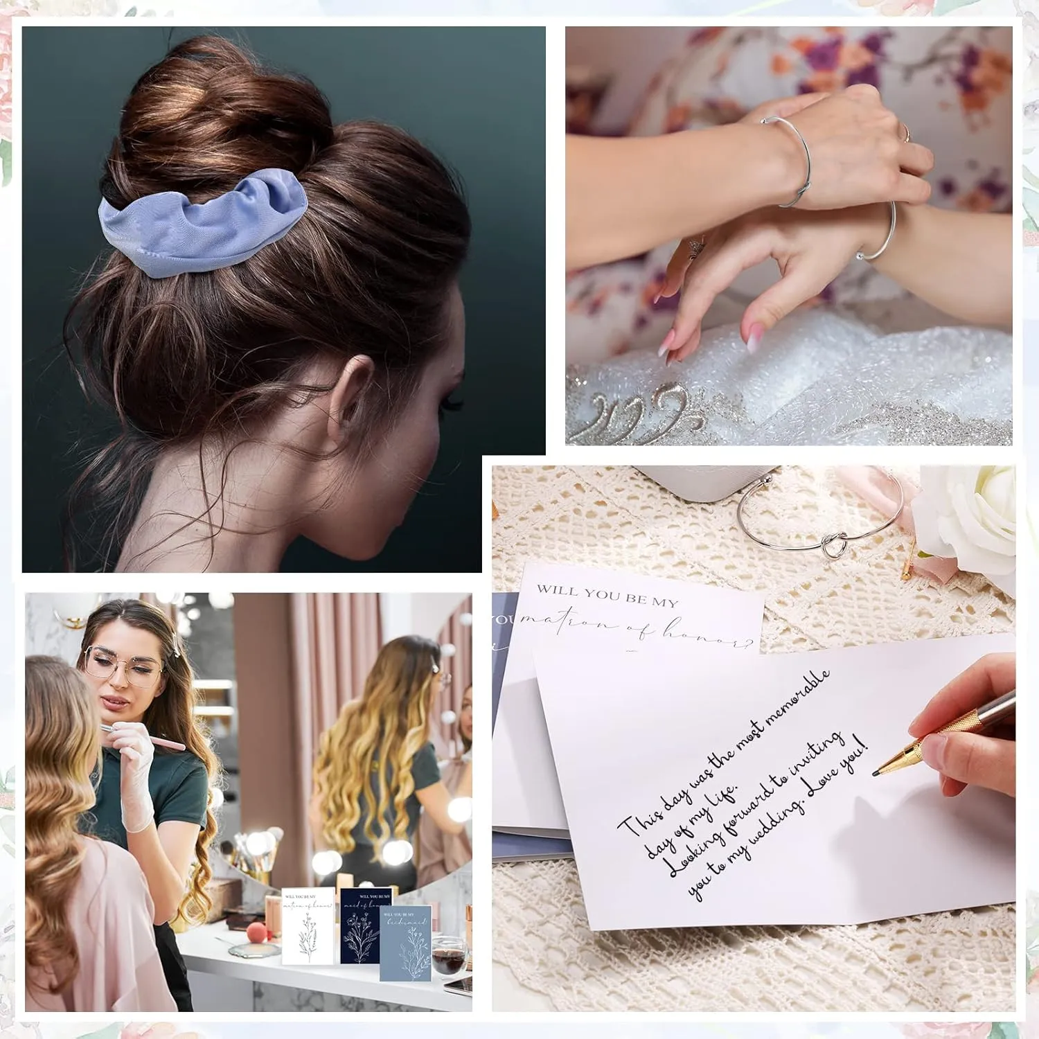 Cunno 48 Pcs Bridesmaid Proposal Gifts Wedding Maid of Honor Matron of Honor Gifts Bridal Shower Cosmetic Makeup Bags Scrunchies Hair Knotted Bracelets Invitation Card for Bridesmaids(Blue)