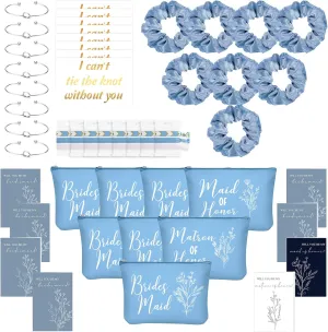 Cunno 48 Pcs Bridesmaid Proposal Gifts Wedding Maid of Honor Matron of Honor Gifts Bridal Shower Cosmetic Makeup Bags Scrunchies Hair Knotted Bracelets Invitation Card for Bridesmaids(Blue)