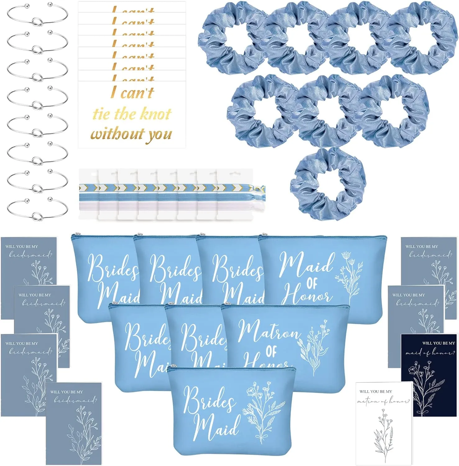 Cunno 48 Pcs Bridesmaid Proposal Gifts Wedding Maid of Honor Matron of Honor Gifts Bridal Shower Cosmetic Makeup Bags Scrunchies Hair Knotted Bracelets Invitation Card for Bridesmaids(Blue)