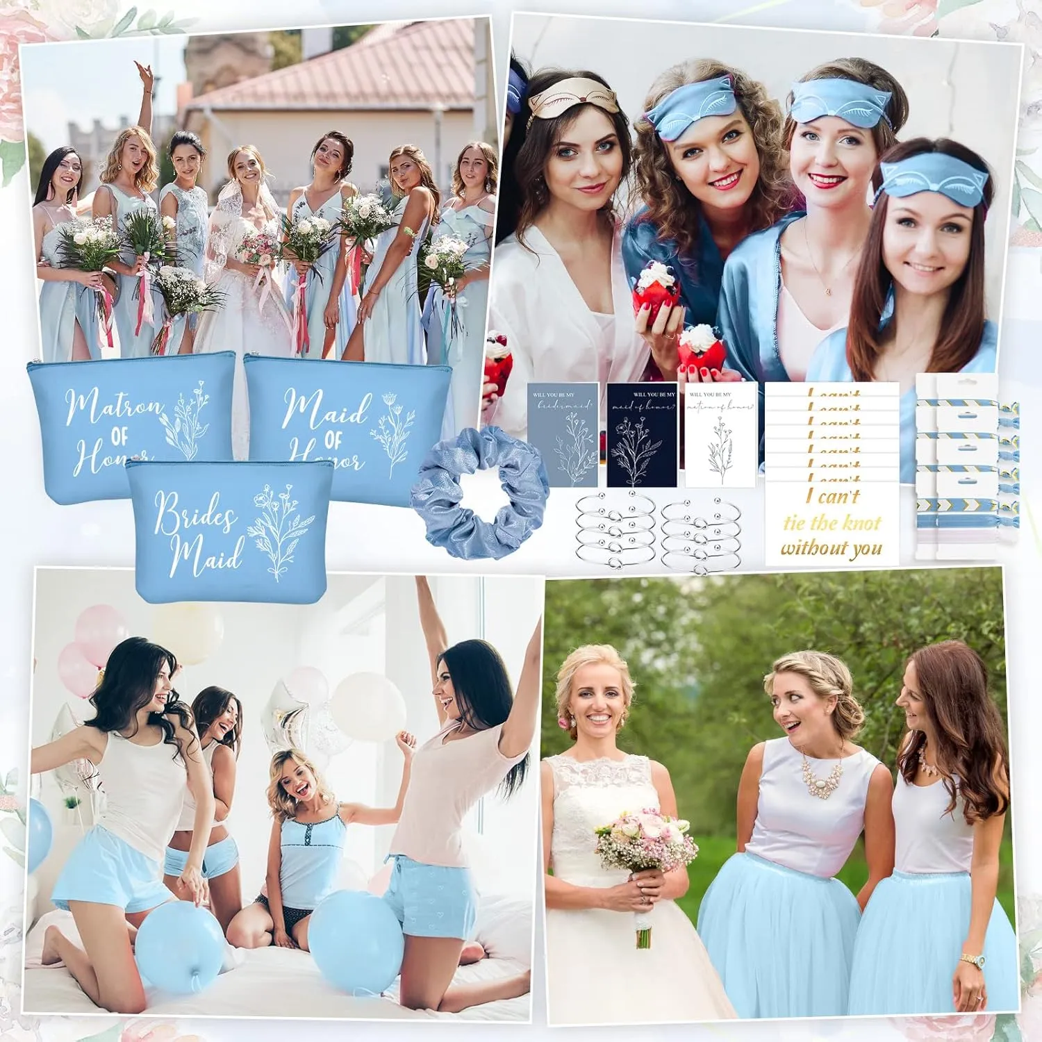 Cunno 48 Pcs Bridesmaid Proposal Gifts Wedding Maid of Honor Matron of Honor Gifts Bridal Shower Cosmetic Makeup Bags Scrunchies Hair Knotted Bracelets Invitation Card for Bridesmaids(Blue)