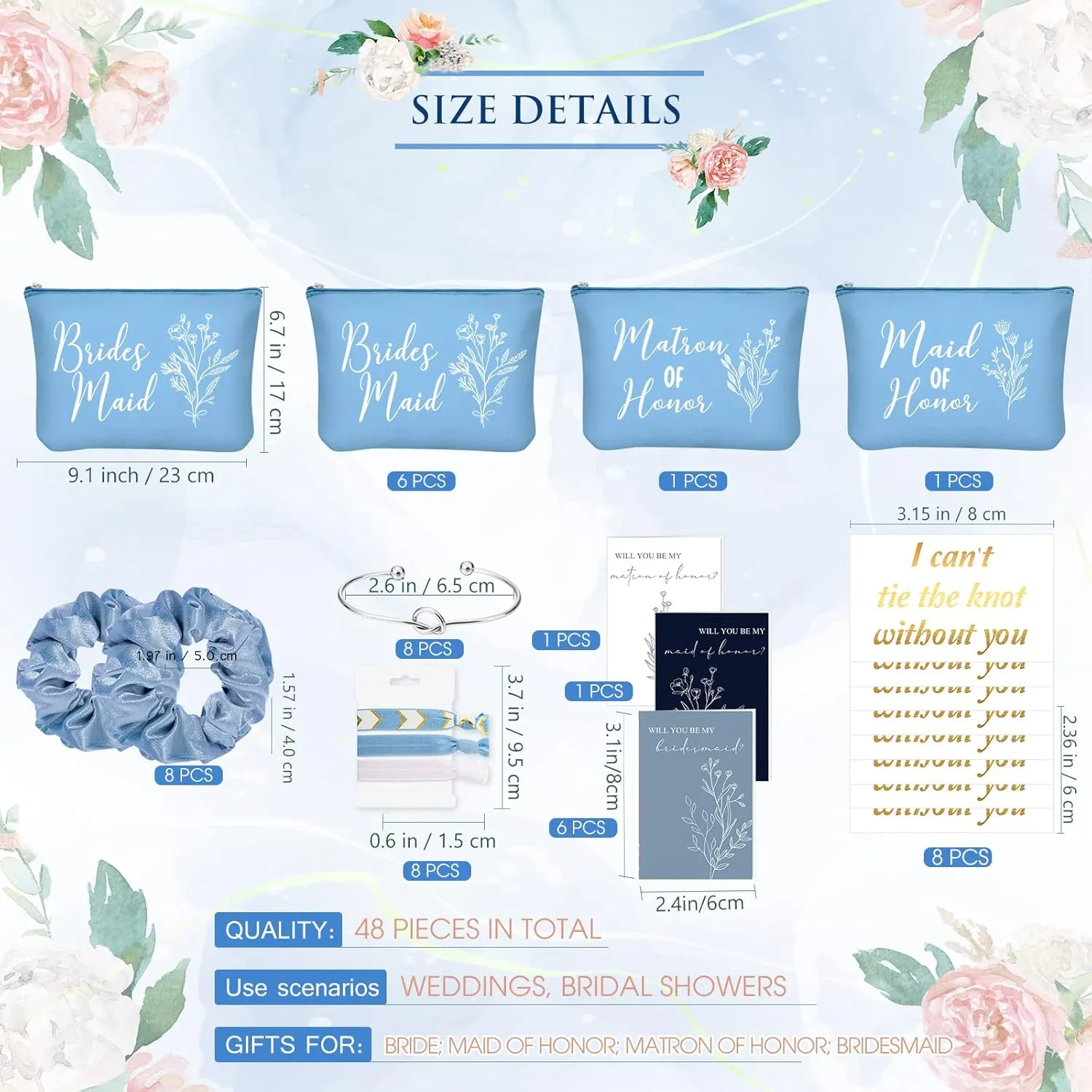 Cunno 48 Pcs Bridesmaid Proposal Gifts Wedding Maid of Honor Matron of Honor Gifts Bridal Shower Cosmetic Makeup Bags Scrunchies Hair Knotted Bracelets Invitation Card for Bridesmaids(Blue)