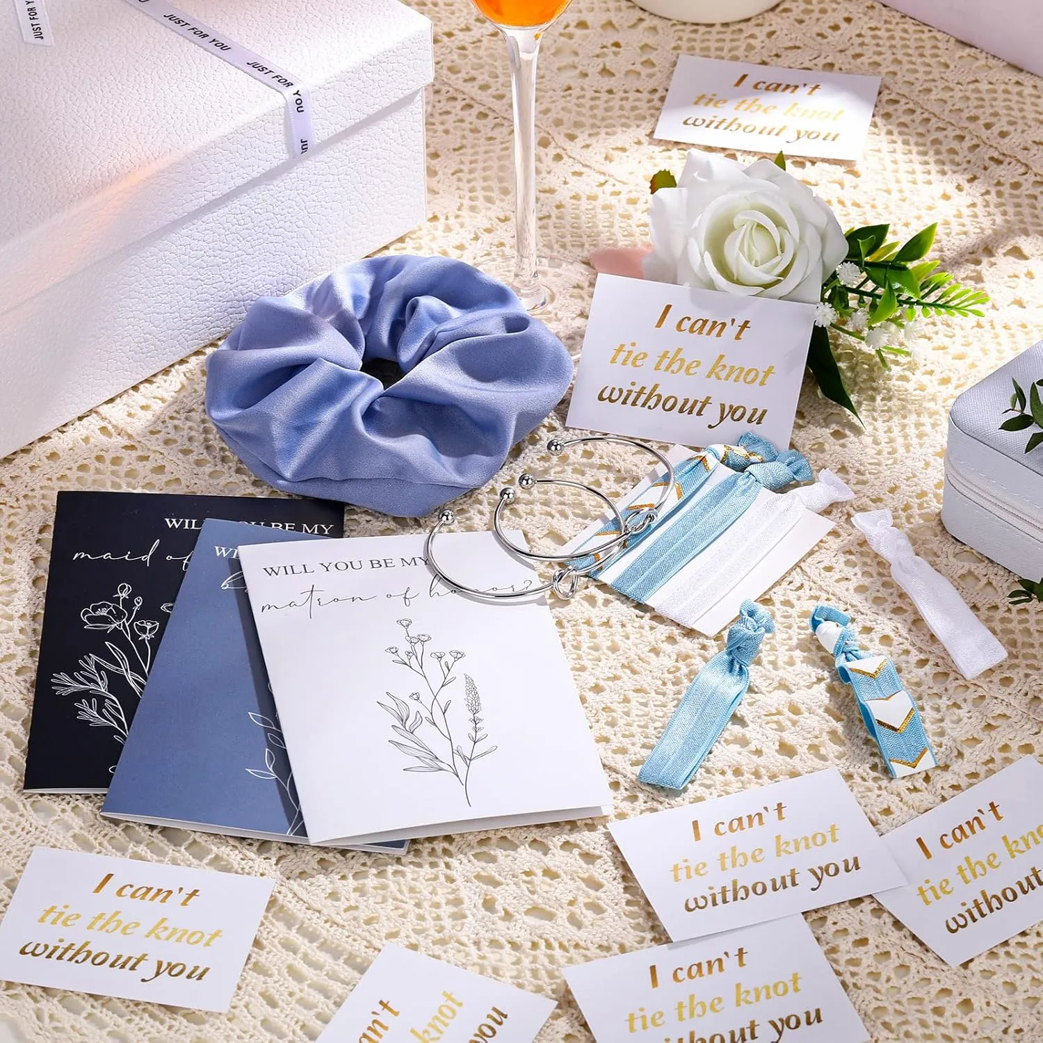 Cunno 48 Pcs Bridesmaid Proposal Gifts Wedding Maid of Honor Matron of Honor Gifts Bridal Shower Cosmetic Makeup Bags Scrunchies Hair Knotted Bracelets Invitation Card for Bridesmaids(Blue)