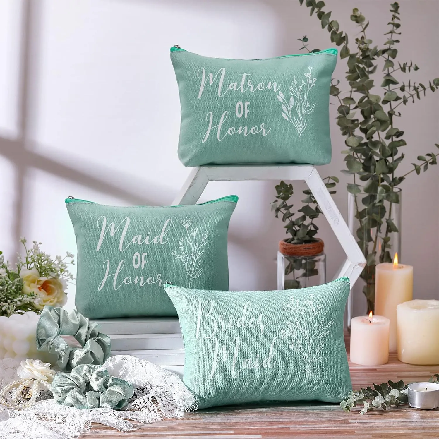 Cunno 48 Pcs Bridesmaid Proposal Gifts Wedding Maid of Honor Matron of Honor Gifts Bridal Shower Cosmetic Makeup Bags Scrunchies Hair Knotted Bracelets Invitation Card for Bridesmaids(Green)
