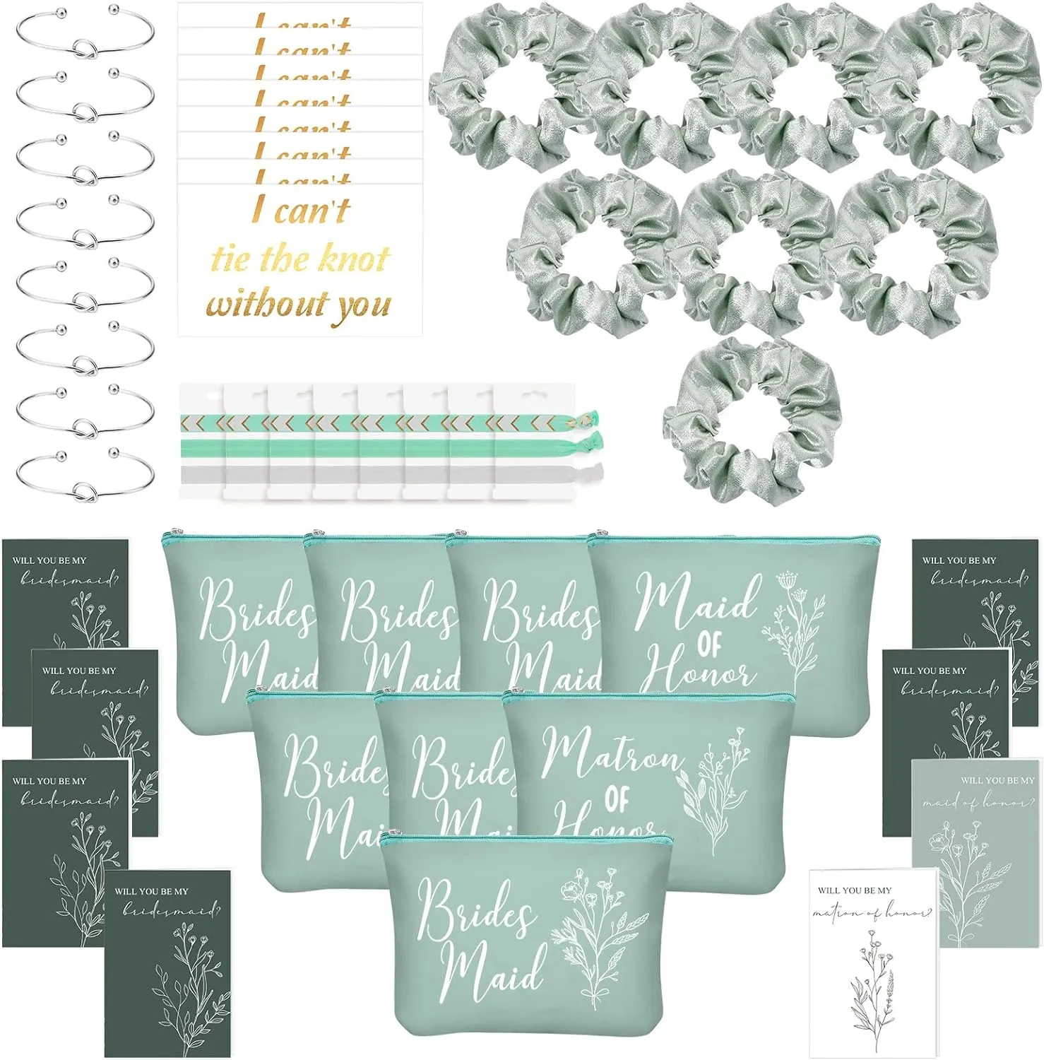 Cunno 48 Pcs Bridesmaid Proposal Gifts Wedding Maid of Honor Matron of Honor Gifts Bridal Shower Cosmetic Makeup Bags Scrunchies Hair Knotted Bracelets Invitation Card for Bridesmaids(Green)