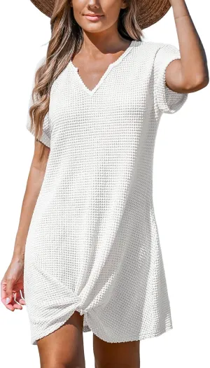CUPSHE Women Waffle Knit Bathing Suit Cover Up Short Sleeve Twist Hem Swimsuit Coverup for Summer Vacation