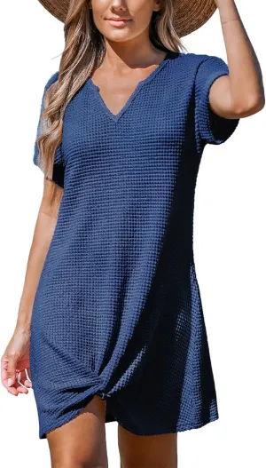CUPSHE Women Waffle Knit Bathing Suit Cover Up Short Sleeve Twist Hem Swimsuit Coverup for Summer Vacation