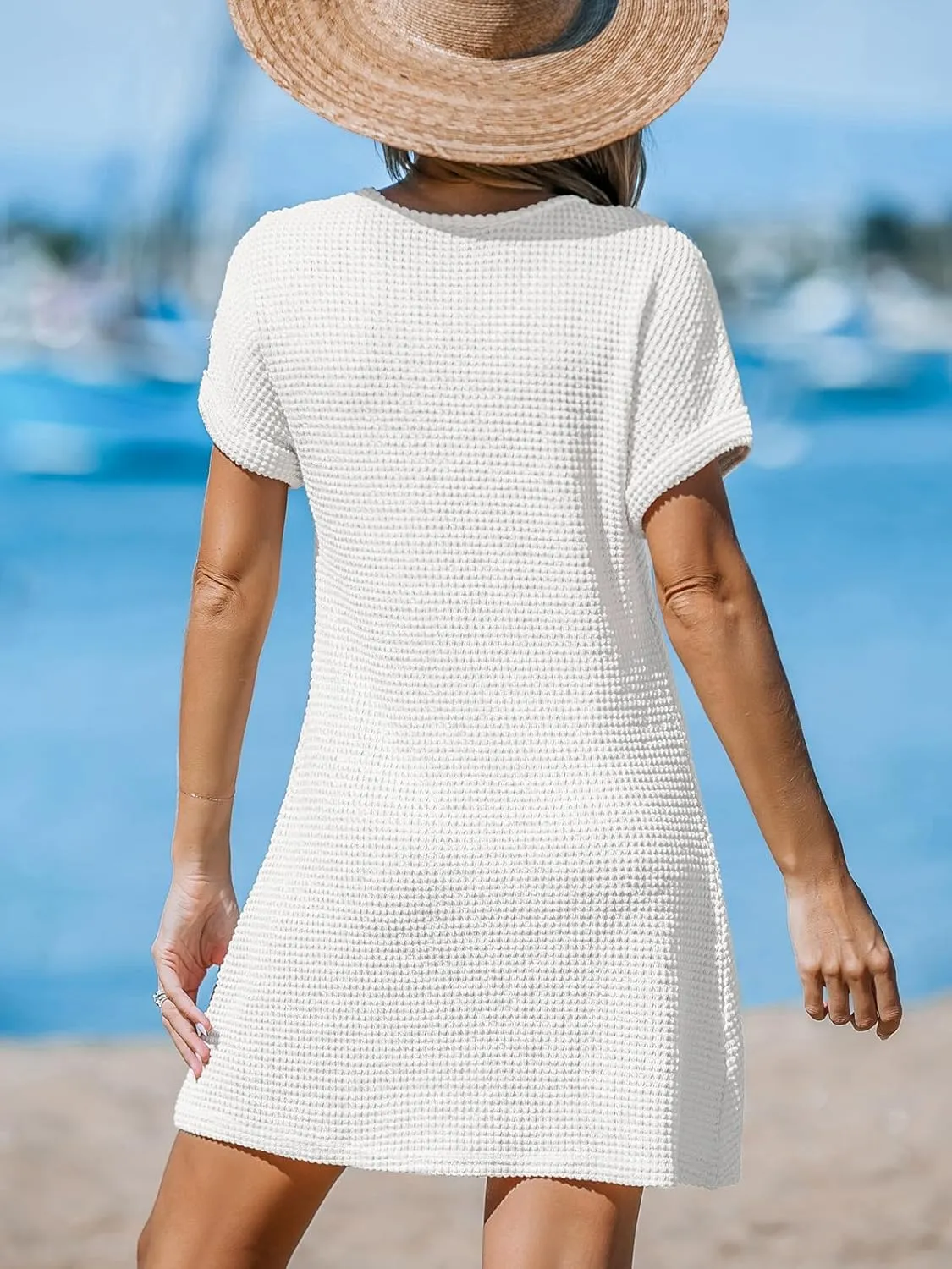 CUPSHE Women Waffle Knit Bathing Suit Cover Up Short Sleeve Twist Hem Swimsuit Coverup for Summer Vacation
