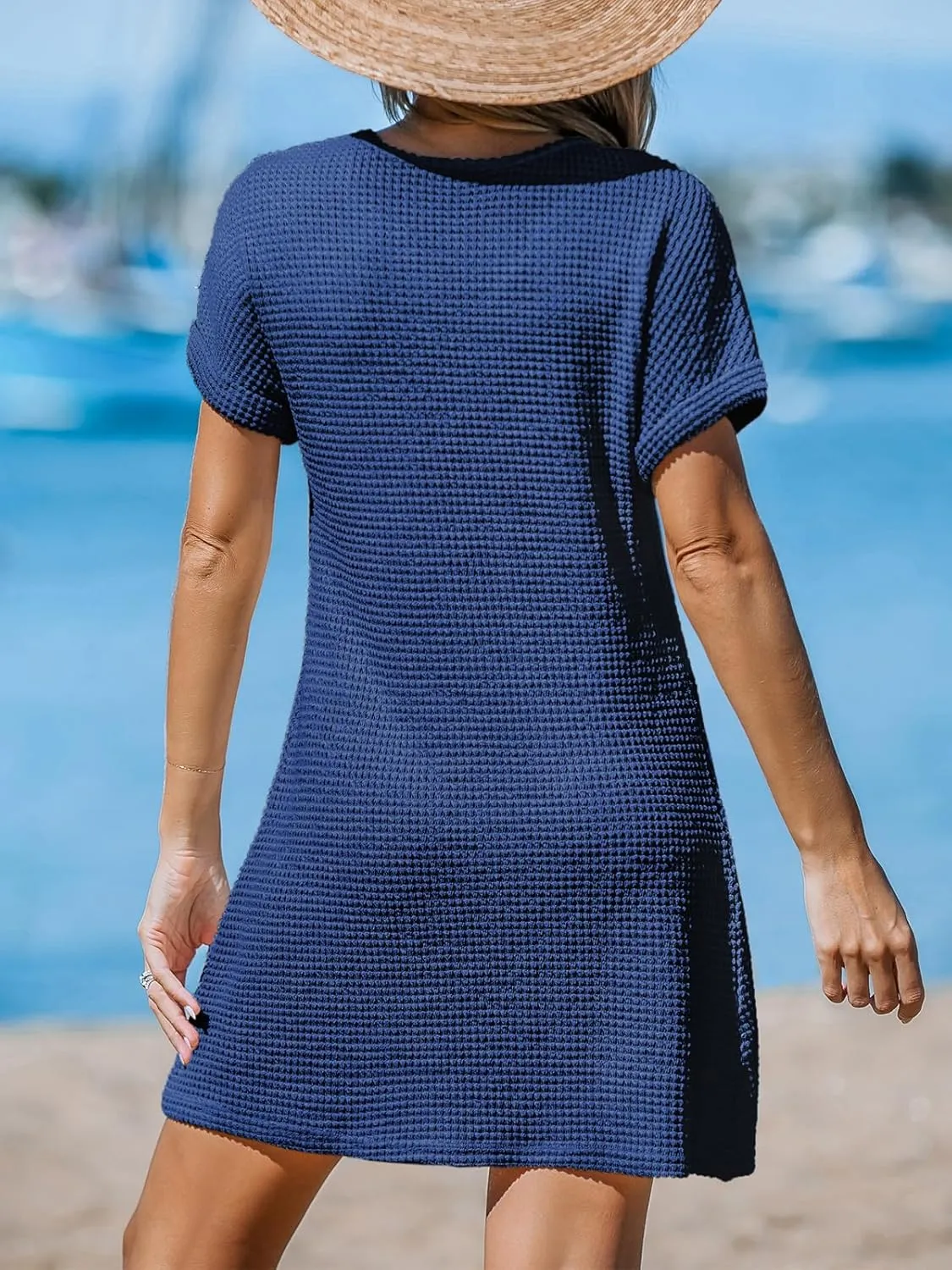 CUPSHE Women Waffle Knit Bathing Suit Cover Up Short Sleeve Twist Hem Swimsuit Coverup for Summer Vacation