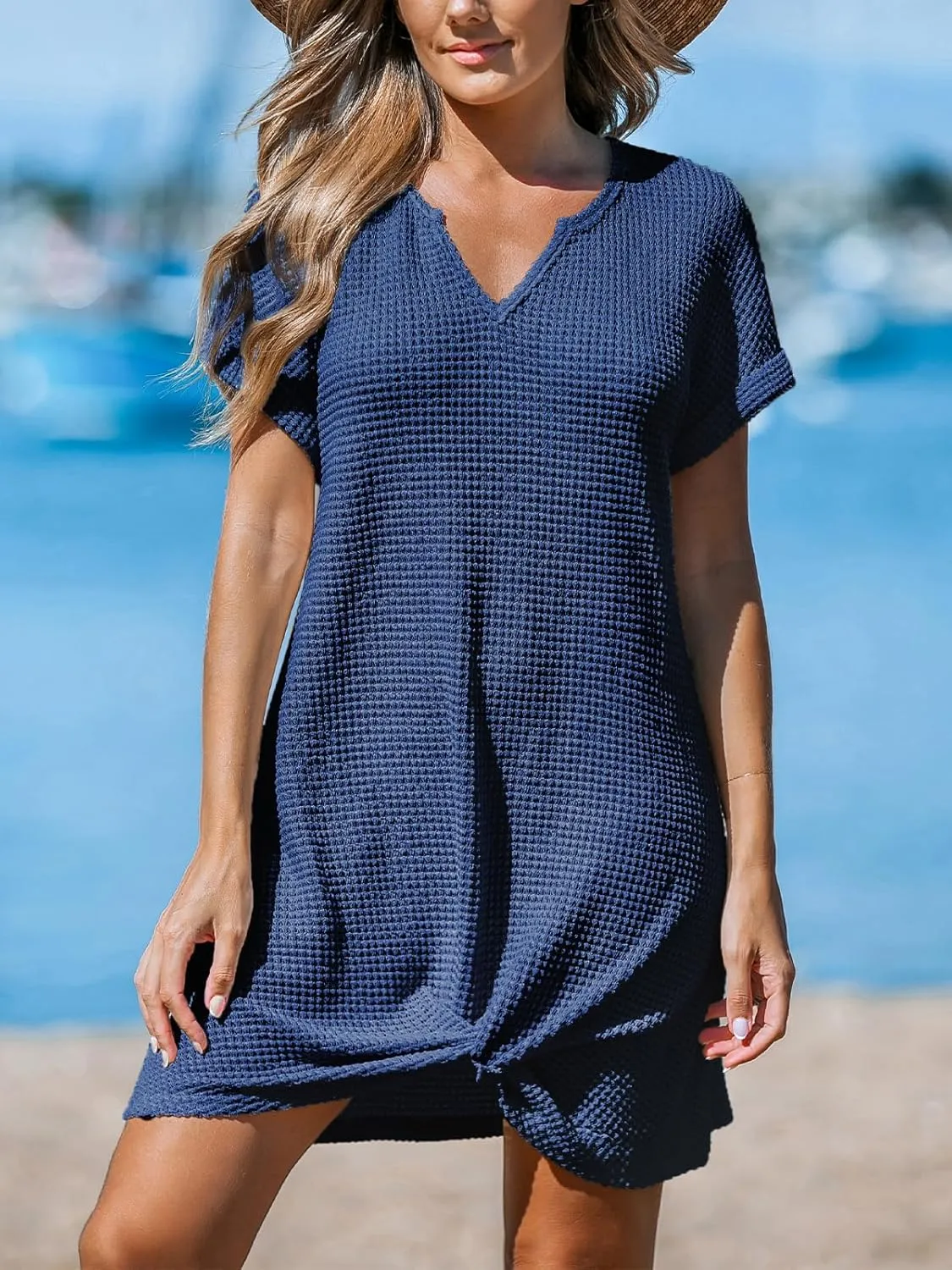 CUPSHE Women Waffle Knit Bathing Suit Cover Up Short Sleeve Twist Hem Swimsuit Coverup for Summer Vacation