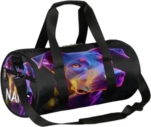 Customized Sports Gym Duffel Bag for Women & Men with Name,Cute Dog Animal Neon Waterproof Personalized Tote Travel Beach Bag for Weekender Overnight Dance Carry-On Bag