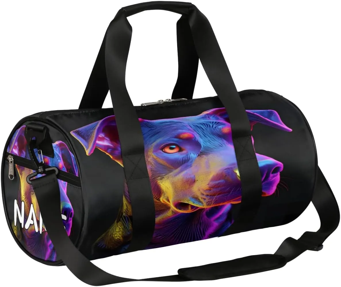 Customized Sports Gym Duffel Bag for Women & Men with Name,Cute Dog Animal Neon Waterproof Personalized Tote Travel Beach Bag for Weekender Overnight Dance Carry-On Bag