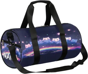 Customized Sports Gym Duffel Bag for Women & Men with Name,Neon Cat Stars Universe Print Waterproof Personalized Tote Travel Beach Bag for Weekender Overnight Dance Carry-On Bag