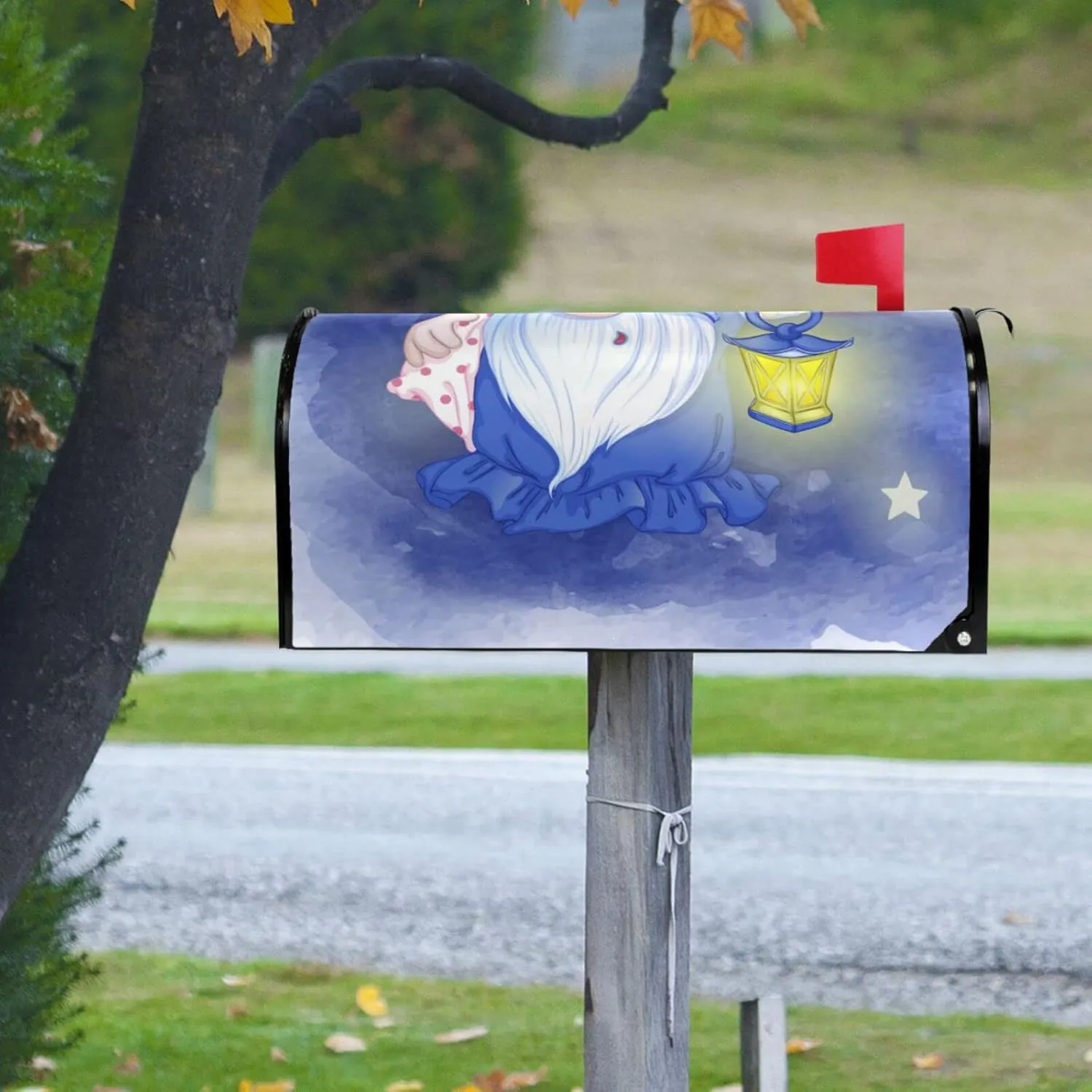 Cute Sleepy Gnome Mailbox Cover Light Starts Candle Magnetic Post Box Wrap PVC Standard Size 21" x 18" Letterbox Cover Decorative for Garden Yard Decor Mail Box Waterproof