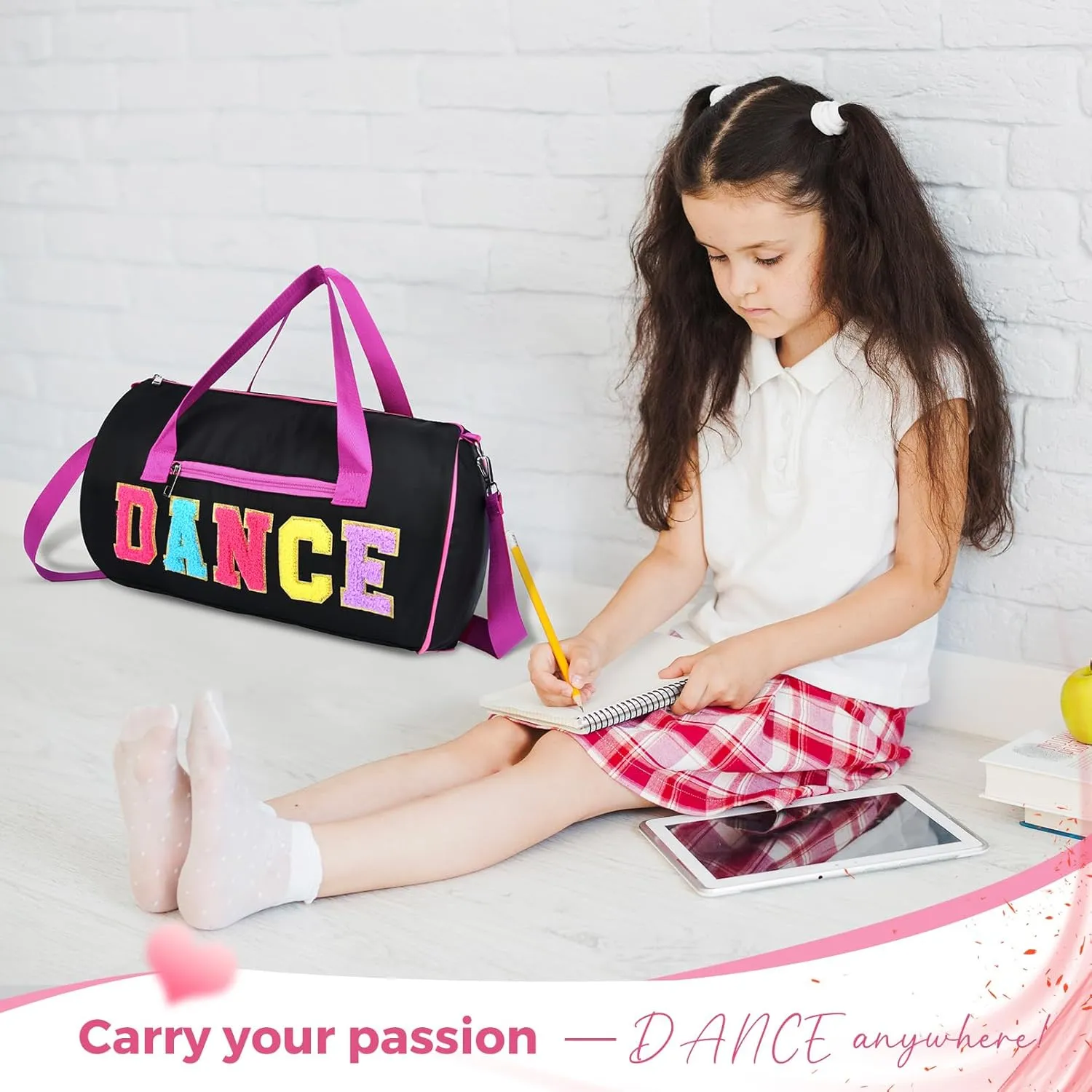 Dance Bag for Girls, KUIRAN 23L Waterproof Travel Duffel Bag with Colorful Chenille Letter, Lightweight Small Gym Sport Ballet Bag Weekender Bag with Large Main Compartment 15"Lx9"Wx9"H - Black