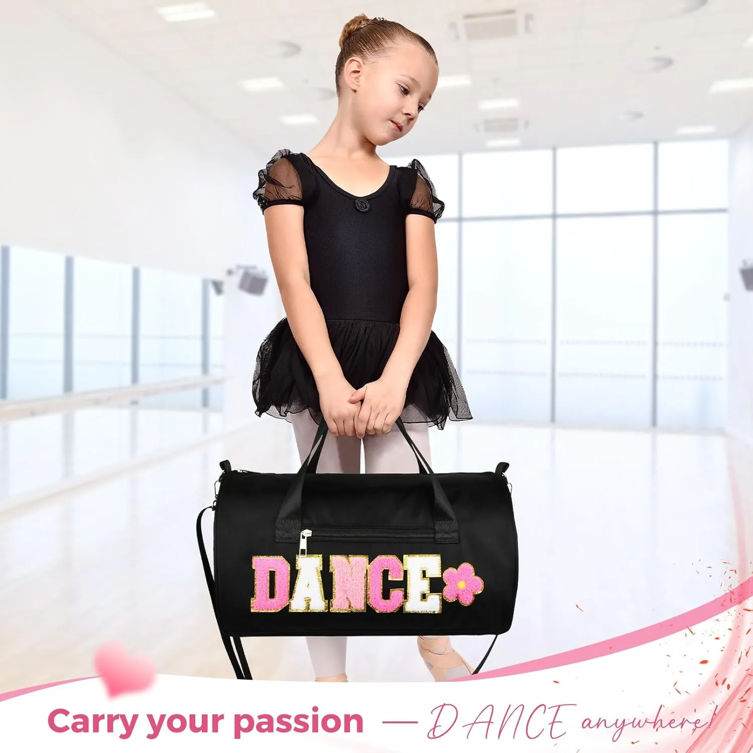 Dance Bag for Girls, KUIRAN 23L Waterproof Travel Duffel Bag with Colorful Chenille Letter, Lightweight Small Gym Sport Ballet Weekender Bag with Large Main Compartment - Black/White/Pink