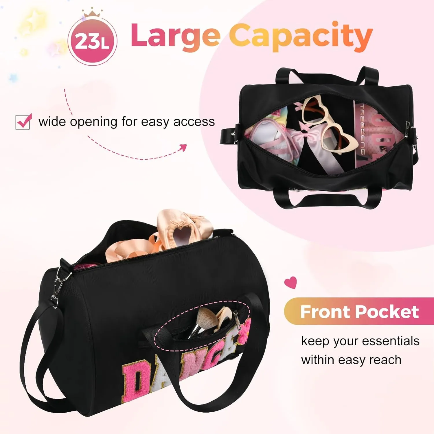 Dance Bag for Girls, KUIRAN 23L Waterproof Travel Duffel Bag with Colorful Chenille Letter, Lightweight Small Gym Sport Ballet Weekender Bag with Large Main Compartment - Black/White/Pink