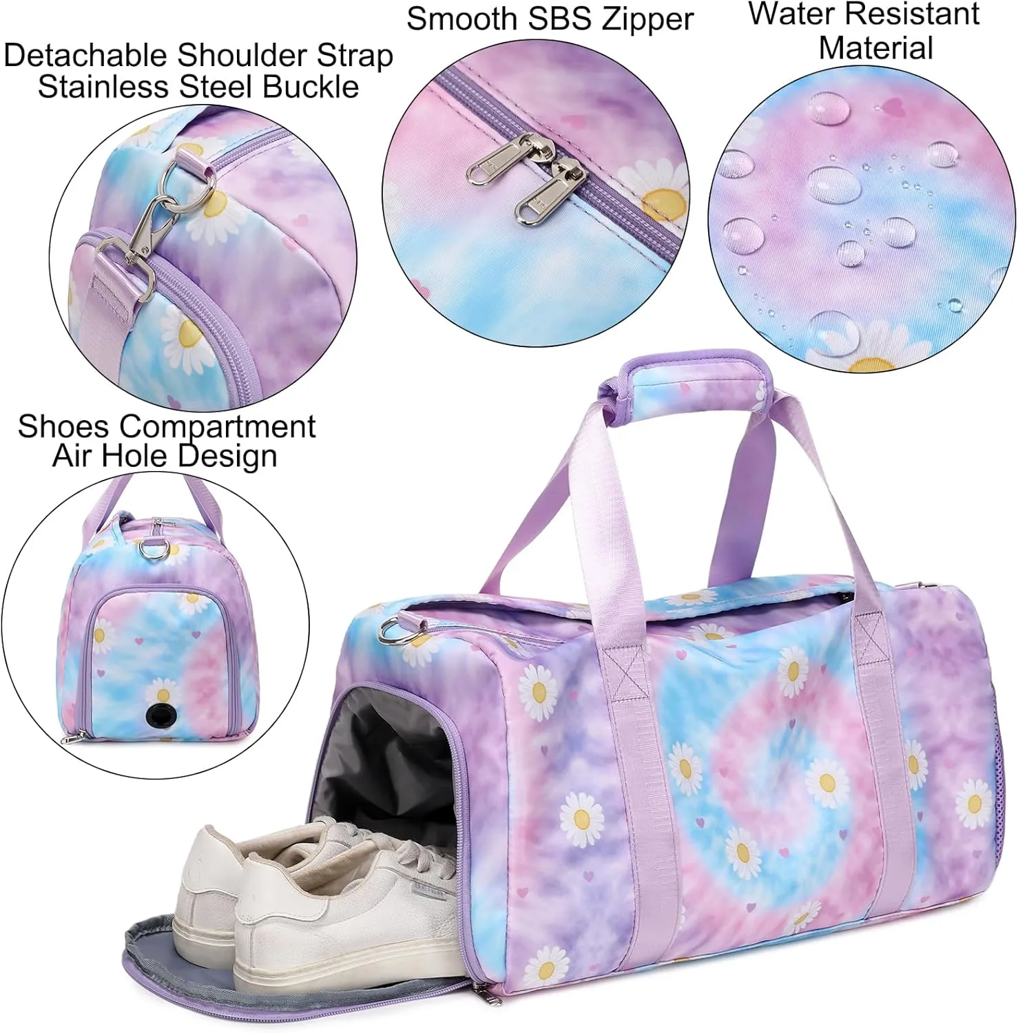 Dance Bag for Girls Sports Duffle Weekender Overnight Ballet Sports Gym Bag with Shoes Compartment (Tie Dye Daisy Purple)