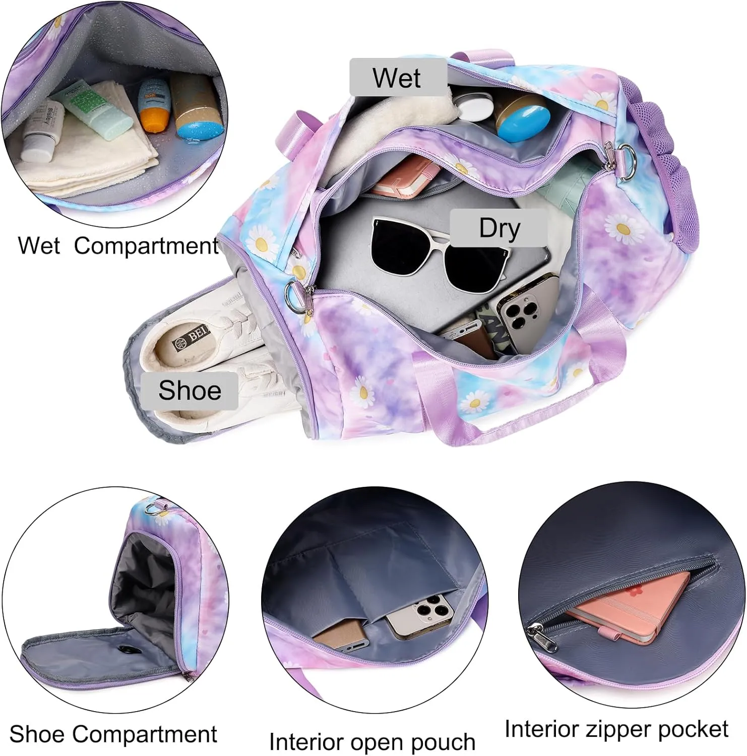 Dance Bag for Girls Sports Duffle Weekender Overnight Ballet Sports Gym Bag with Shoes Compartment (Tie Dye Daisy Purple)