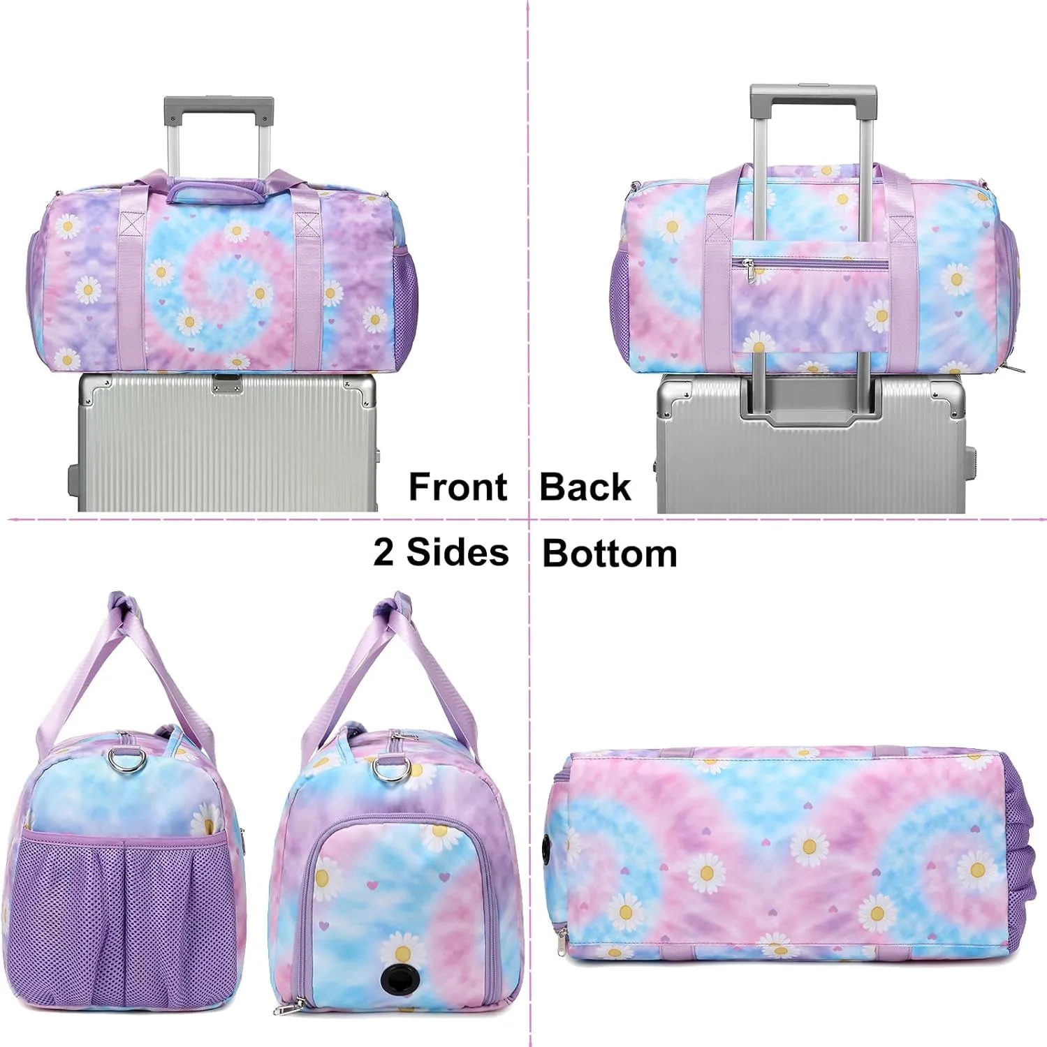 Dance Bag for Girls Sports Duffle Weekender Overnight Ballet Sports Gym Bag with Shoes Compartment (Tie Dye Daisy Purple)
