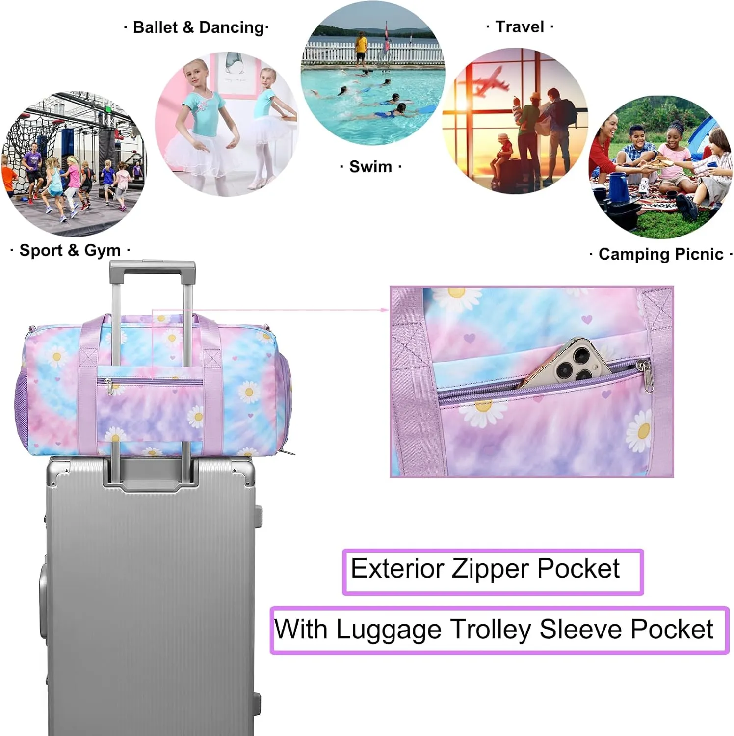 Dance Bag for Girls Sports Duffle Weekender Overnight Ballet Sports Gym Bag with Shoes Compartment (Tie Dye Daisy Purple)