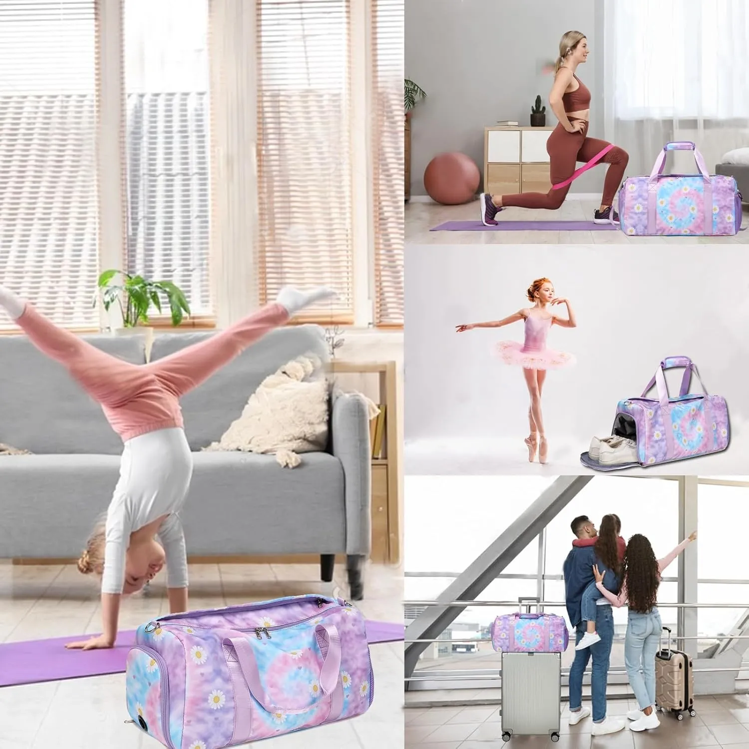Dance Bag for Girls Sports Duffle Weekender Overnight Ballet Sports Gym Bag with Shoes Compartment (Tie Dye Daisy Purple)