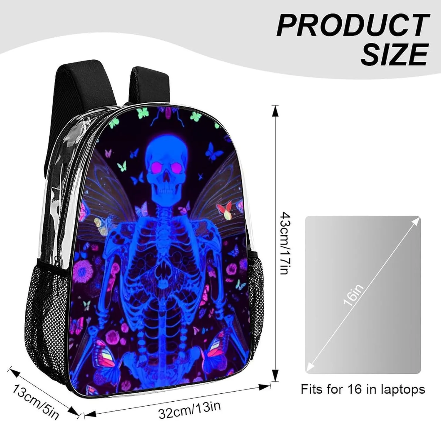 Daypack Bookbag Multipurpose Anti-Theft Big Capacity Carry On Bag - Skull Moth Butterfly Galaxy Space Neon Flowers Skeleton Art Travel Hiking & Camping Rucksack Transparent Bag