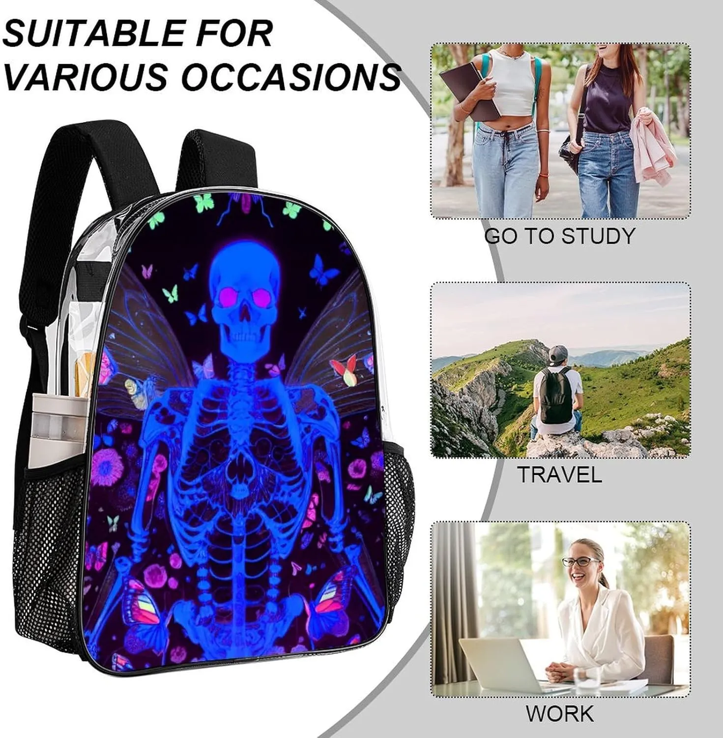 Daypack Bookbag Multipurpose Anti-Theft Big Capacity Carry On Bag - Skull Moth Butterfly Galaxy Space Neon Flowers Skeleton Art Travel Hiking & Camping Rucksack Transparent Bag