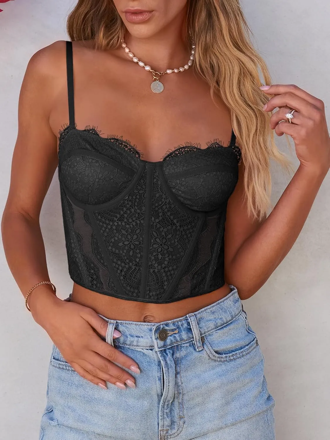 Dealmore Womens Corset Top Going Out Lace Spaghetti Strap Crop Y2K Mesh Date Night Party Bustier Cami 2025