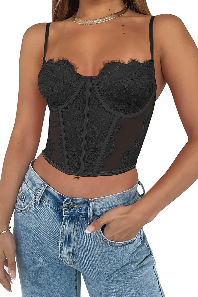 Dealmore Womens Corset Top Going Out Lace Spaghetti Strap Crop Y2K Mesh Date Night Party Bustier Cami 2025