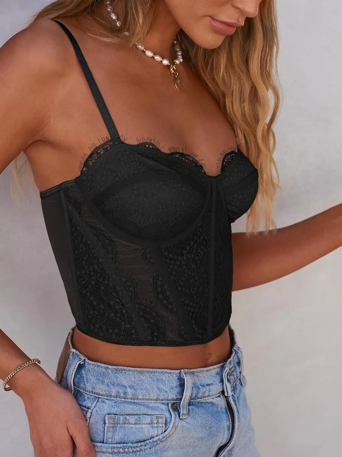 Dealmore Womens Corset Top Going Out Lace Spaghetti Strap Crop Y2K Mesh Date Night Party Bustier Cami 2025