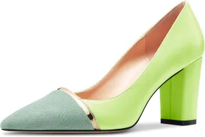 DearOnly Womens Mid Chunky Block Heel Pointed Cap Toe Pumps Slip-on Patchwork Wedding Dress 3.2 Inches Heels