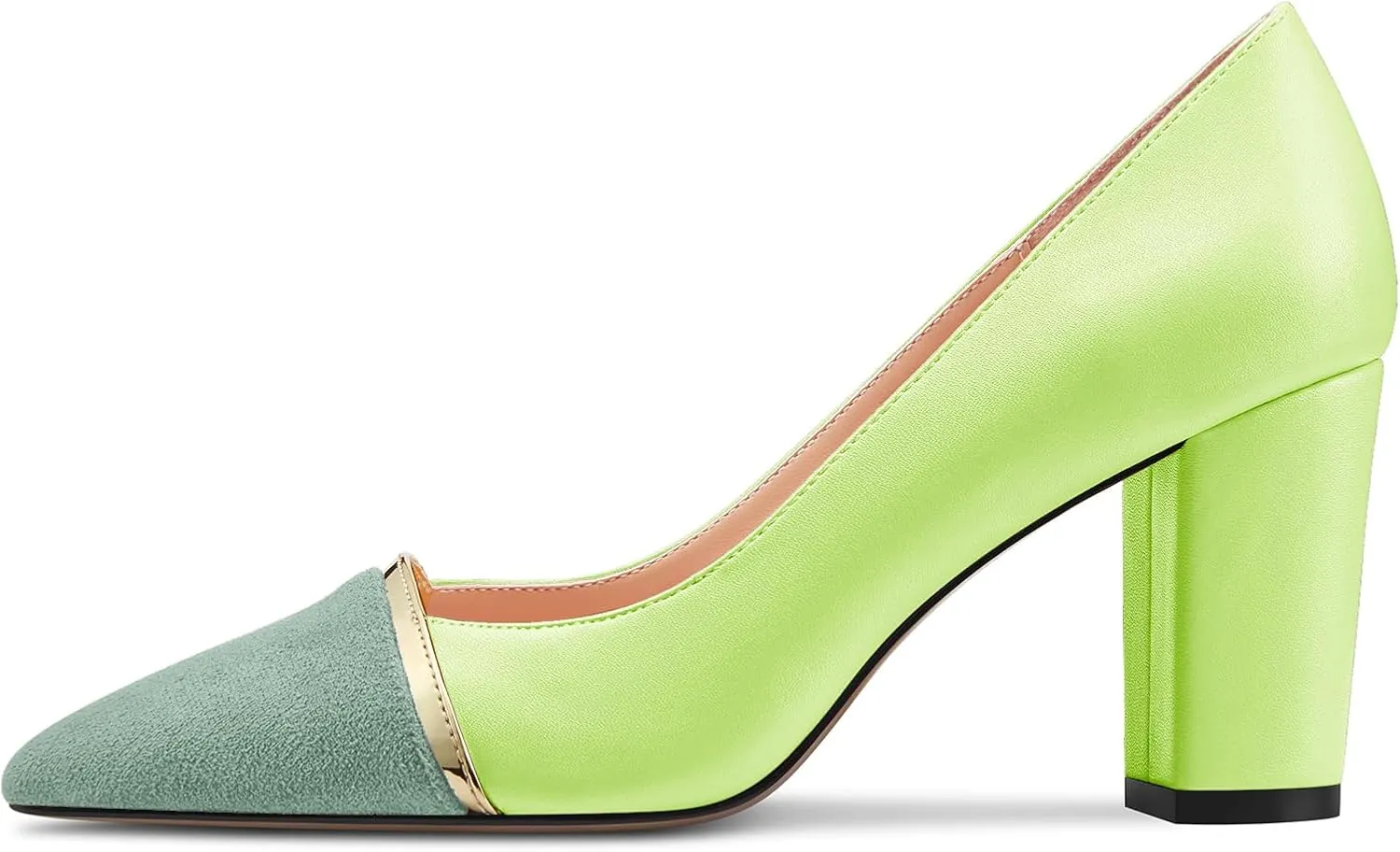 DearOnly Womens Mid Chunky Block Heel Pointed Cap Toe Pumps Slip-on Patchwork Wedding Dress 3.2 Inches Heels