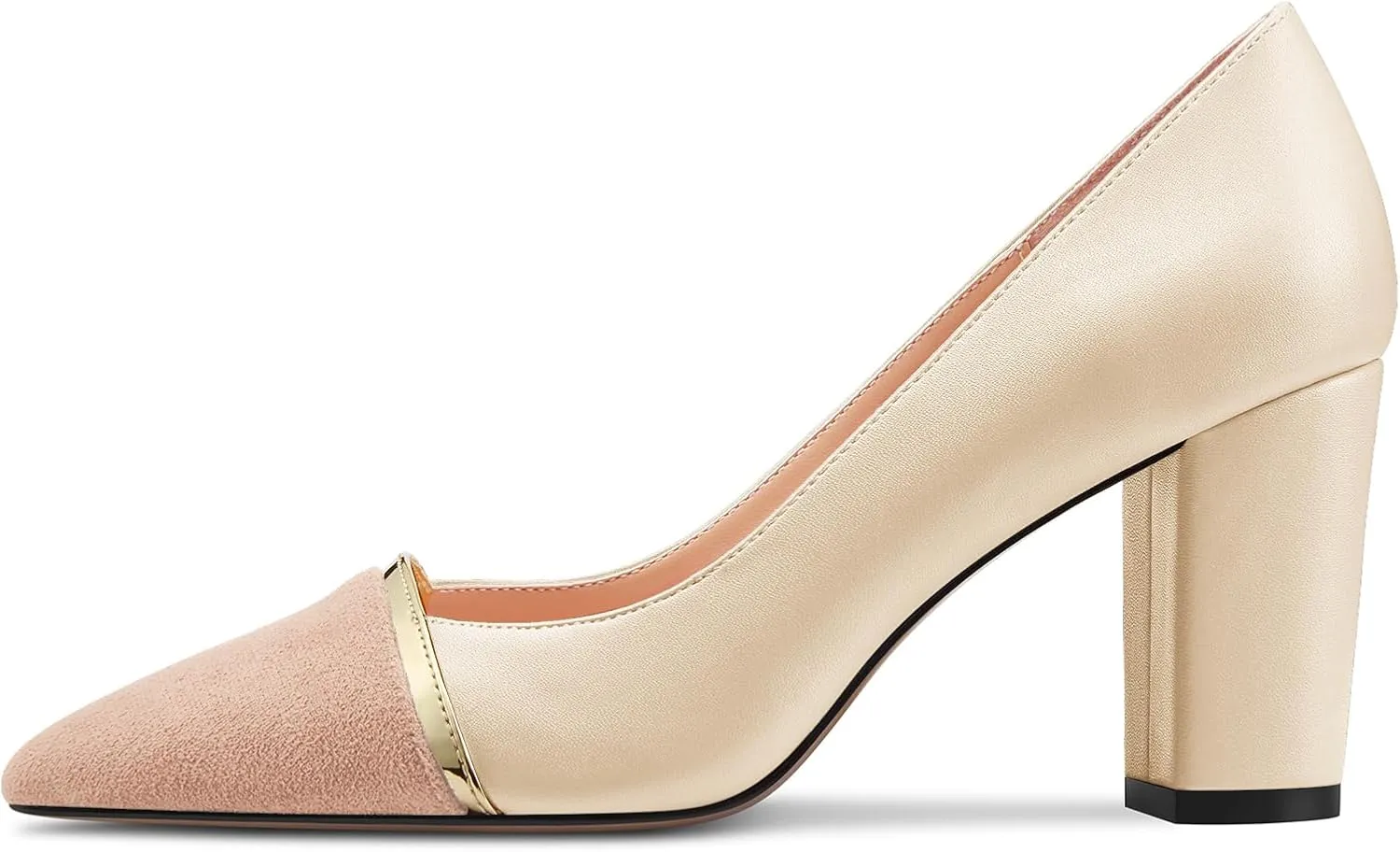 DearOnly Womens Mid Chunky Block Heel Pointed Cap Toe Pumps Slip-on Patchwork Wedding Dress 3.2 Inches Heels