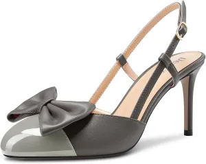 DearOnly Womens Mid Heel Round Cap Toe Pumps Bow-Knot Slingback Slip-on Patchwork Cute Prom Office Shoes 3.2 Inches Heels
