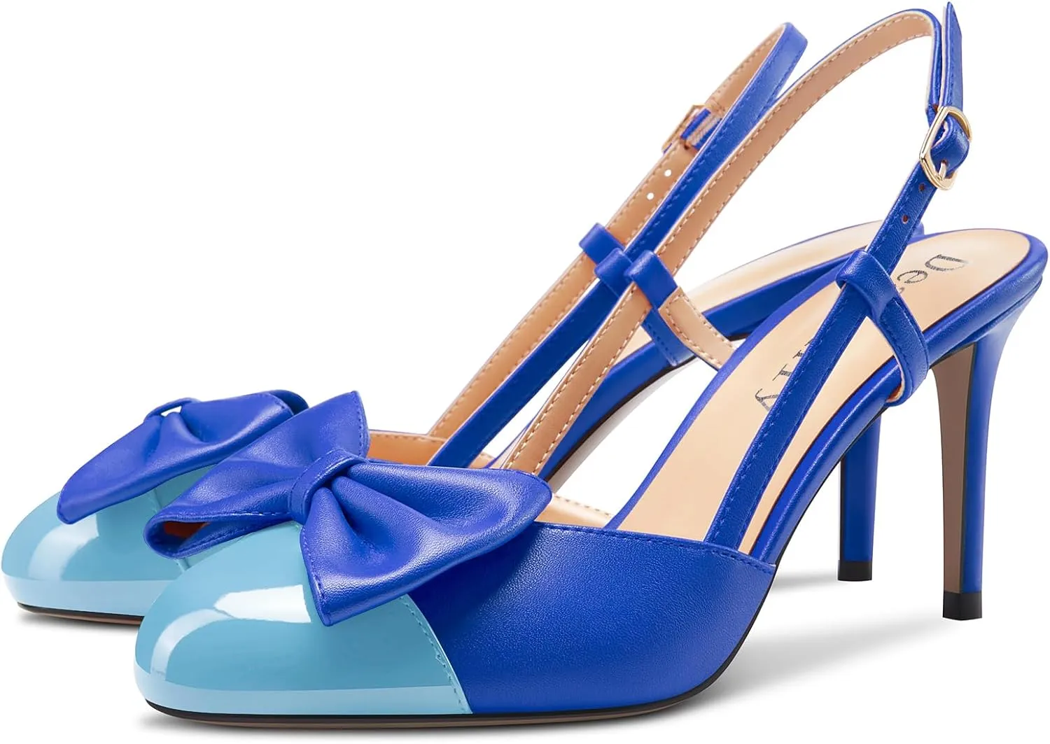 DearOnly Womens Mid Heel Round Cap Toe Pumps Bow-Knot Slingback Slip-on Patchwork Cute Prom Office Shoes 3.2 Inches Heels