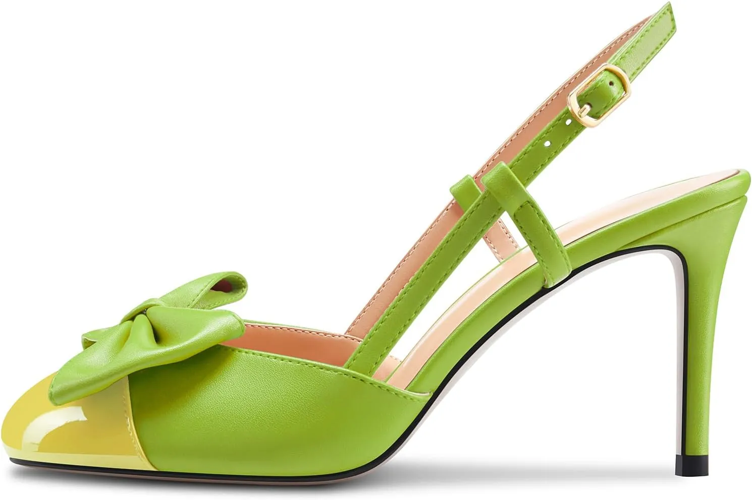 DearOnly Womens Mid Heel Round Cap Toe Pumps Bow-Knot Slingback Slip-on Patchwork Cute Prom Office Shoes 3.2 Inches Heels