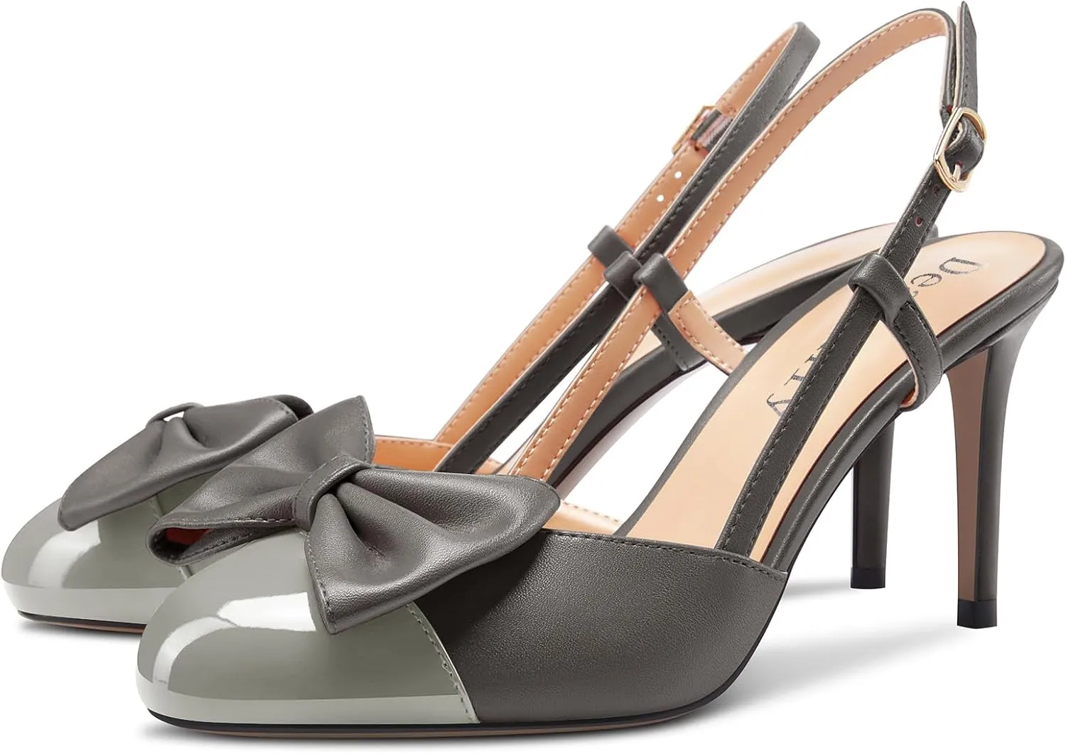 DearOnly Womens Mid Heel Round Cap Toe Pumps Bow-Knot Slingback Slip-on Patchwork Cute Prom Office Shoes 3.2 Inches Heels