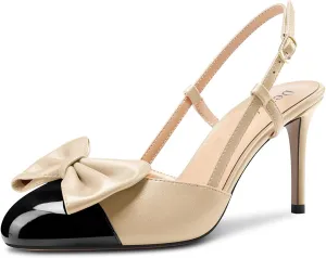 DearOnly Womens Mid Heel Round Cap Toe Pumps Bow-Knot Slingback Slip-on Patchwork Cute Prom Office Shoes 3.2 Inches Heels