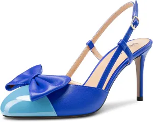 DearOnly Womens Mid Heel Round Cap Toe Pumps Bow-Knot Slingback Slip-on Patchwork Cute Prom Office Shoes 3.2 Inches Heels