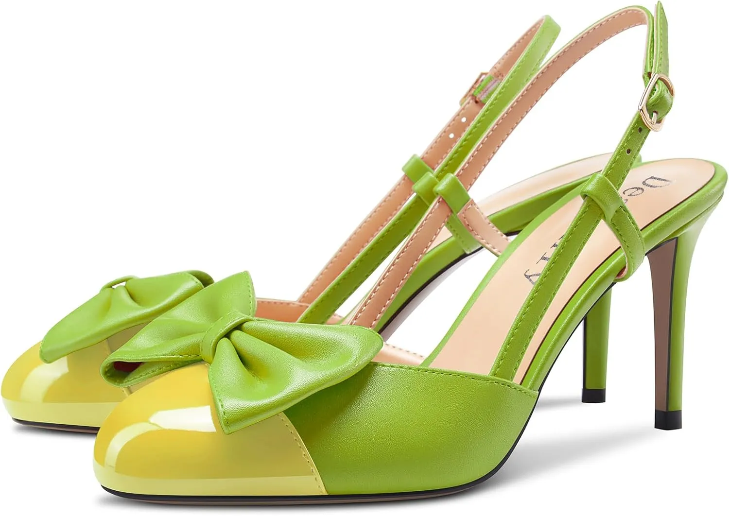 DearOnly Womens Mid Heel Round Cap Toe Pumps Bow-Knot Slingback Slip-on Patchwork Cute Prom Office Shoes 3.2 Inches Heels