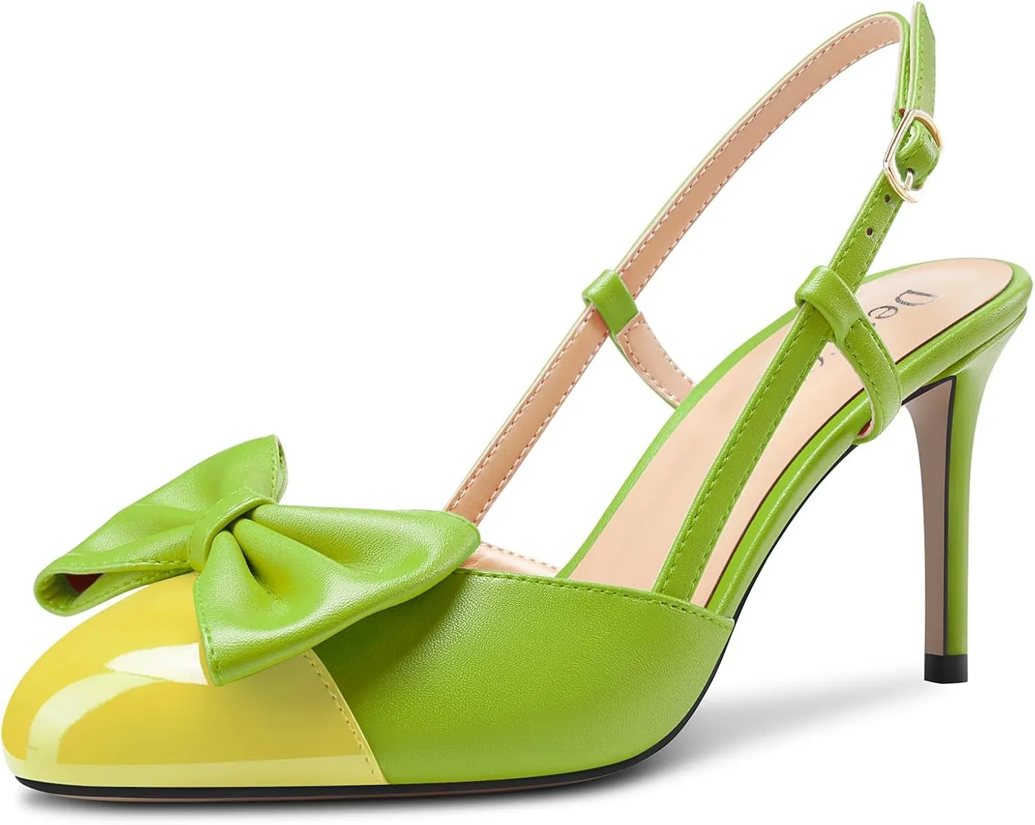 DearOnly Womens Mid Heel Round Cap Toe Pumps Bow-Knot Slingback Slip-on Patchwork Cute Prom Office Shoes 3.2 Inches Heels
