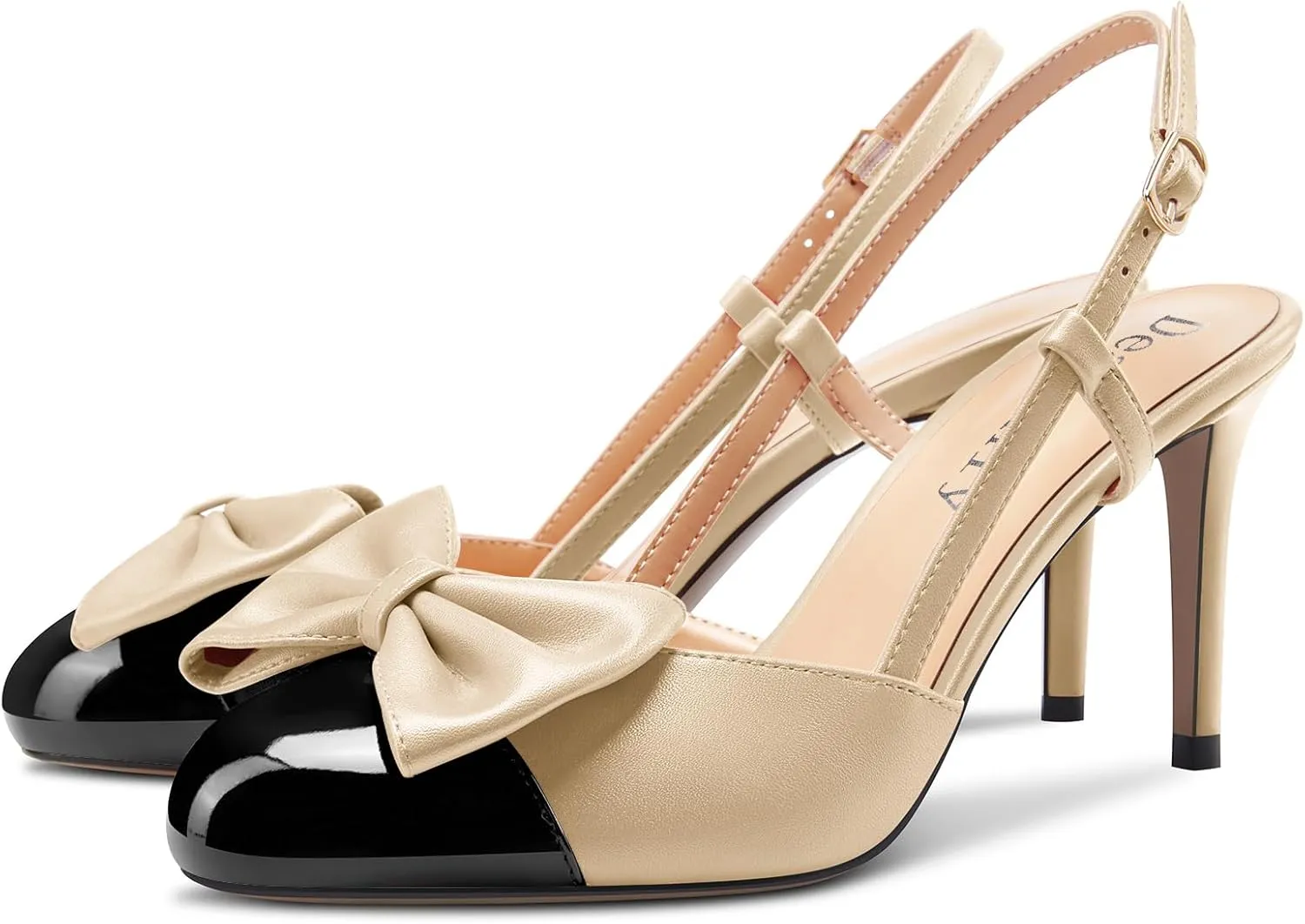 DearOnly Womens Mid Heel Round Cap Toe Pumps Bow-Knot Slingback Slip-on Patchwork Cute Prom Office Shoes 3.2 Inches Heels