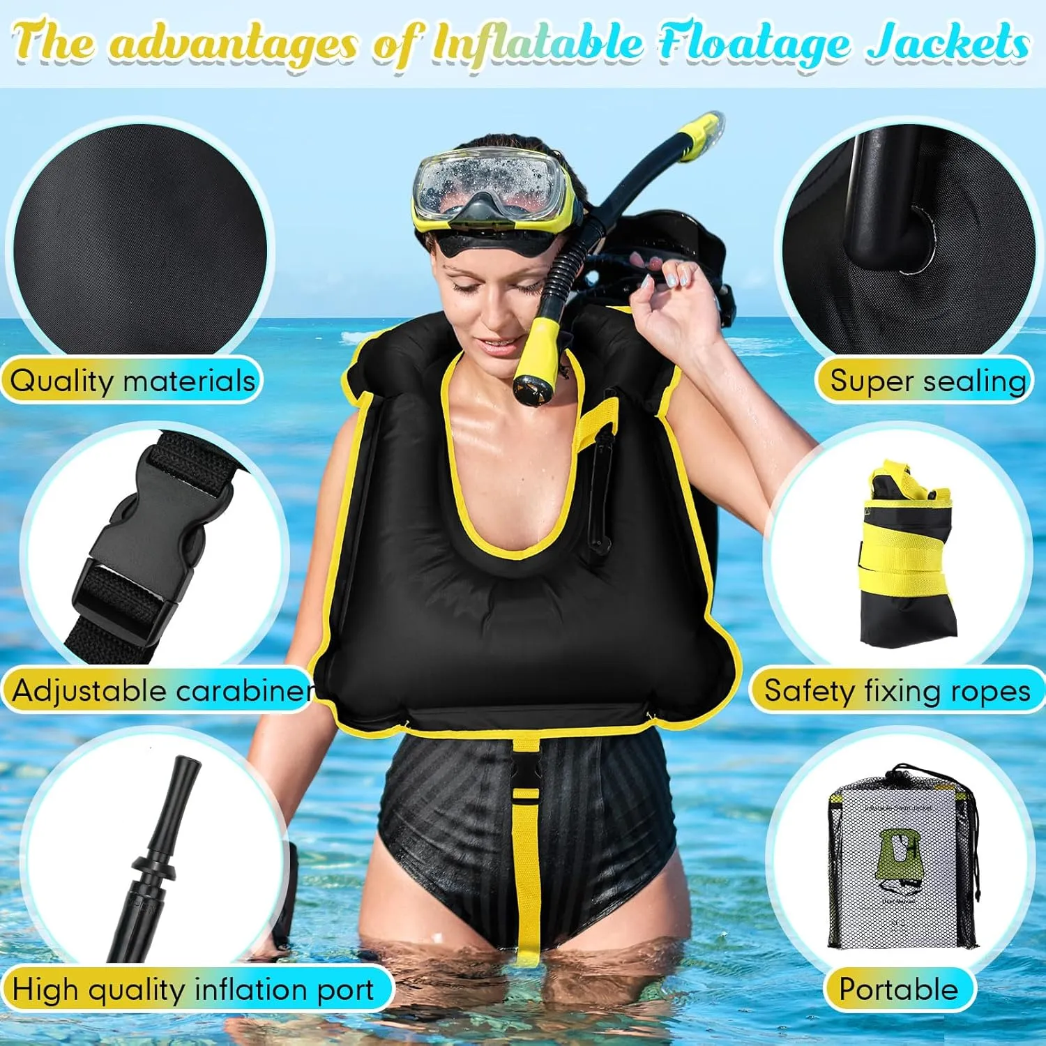 Deekin 2 Pcs Inflatable Snorkel Vest Adults Snorkeling Jackets Portable Jackets Swim Adjustable Safety Vest for Snorkeling Swimming Diving Surfing
