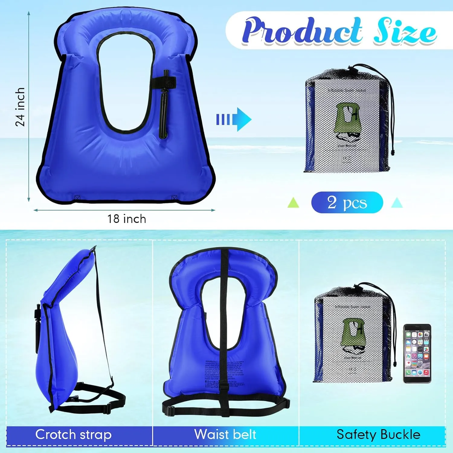Deekin 2 Pcs Inflatable Snorkel Vest Adults Snorkeling Jackets Portable Jackets Swim Adjustable Safety Vest for Snorkeling Swimming Diving Surfing