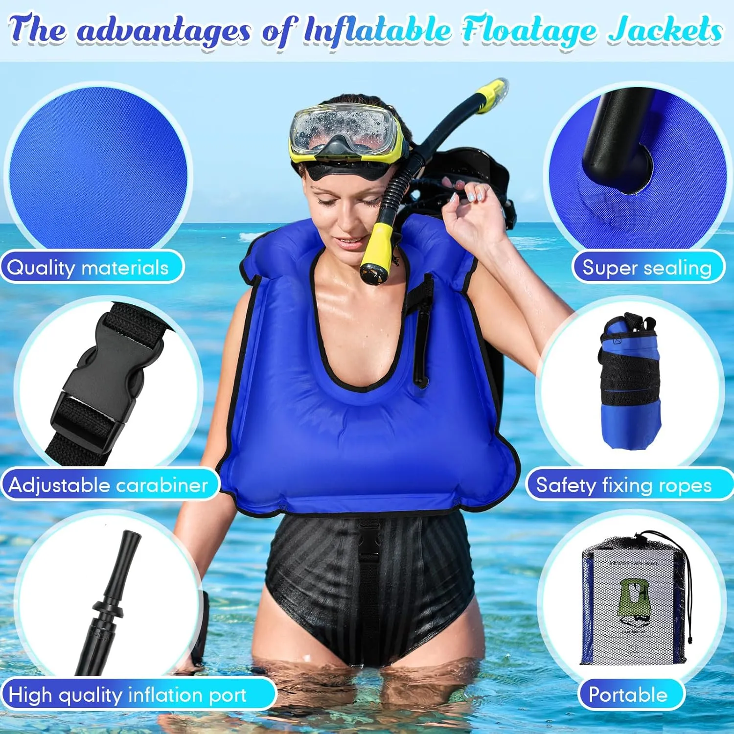 Deekin 2 Pcs Inflatable Snorkel Vest Adults Snorkeling Jackets Portable Jackets Swim Adjustable Safety Vest for Snorkeling Swimming Diving Surfing