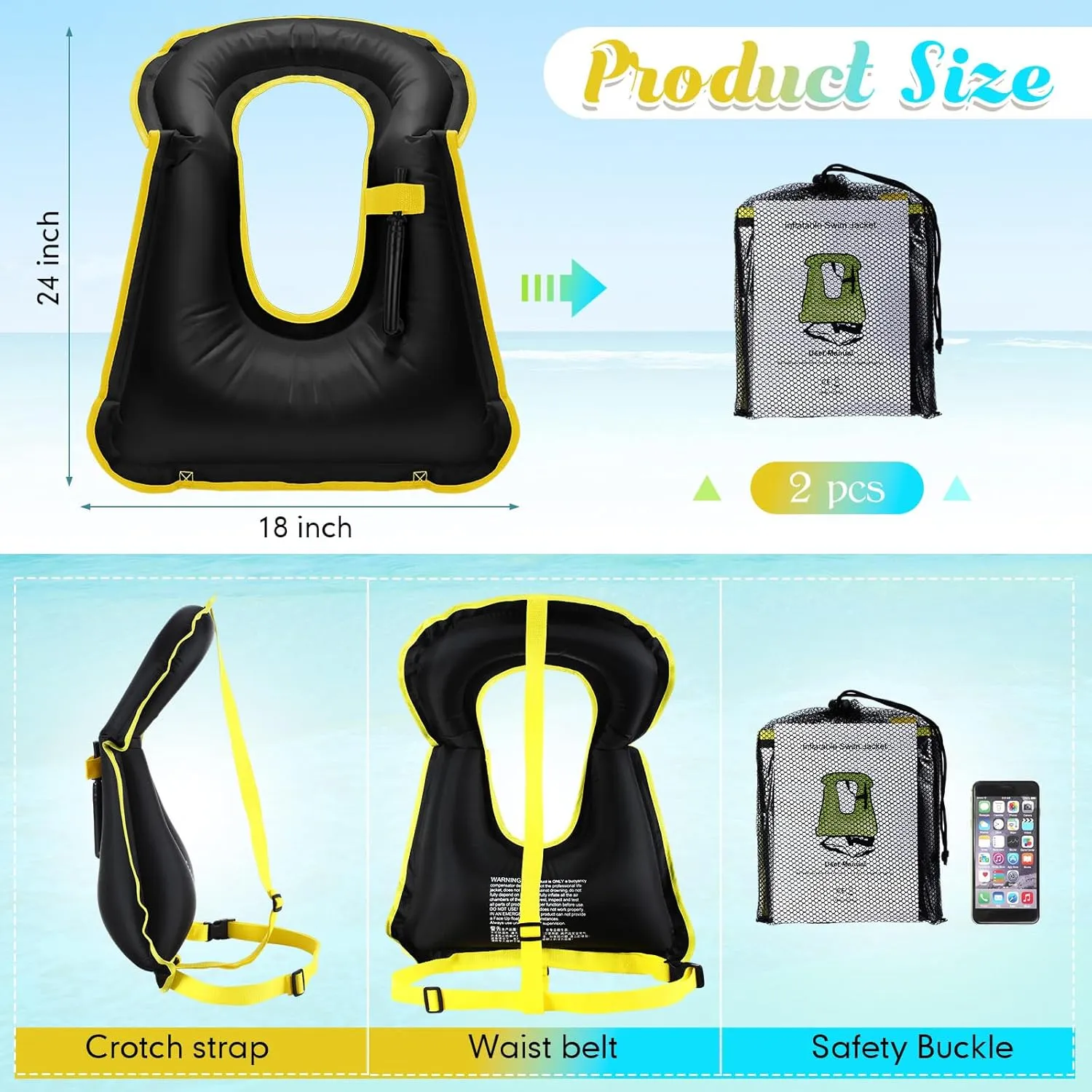 Deekin 2 Pcs Inflatable Snorkel Vest Adults Snorkeling Jackets Portable Jackets Swim Adjustable Safety Vest for Snorkeling Swimming Diving Surfing